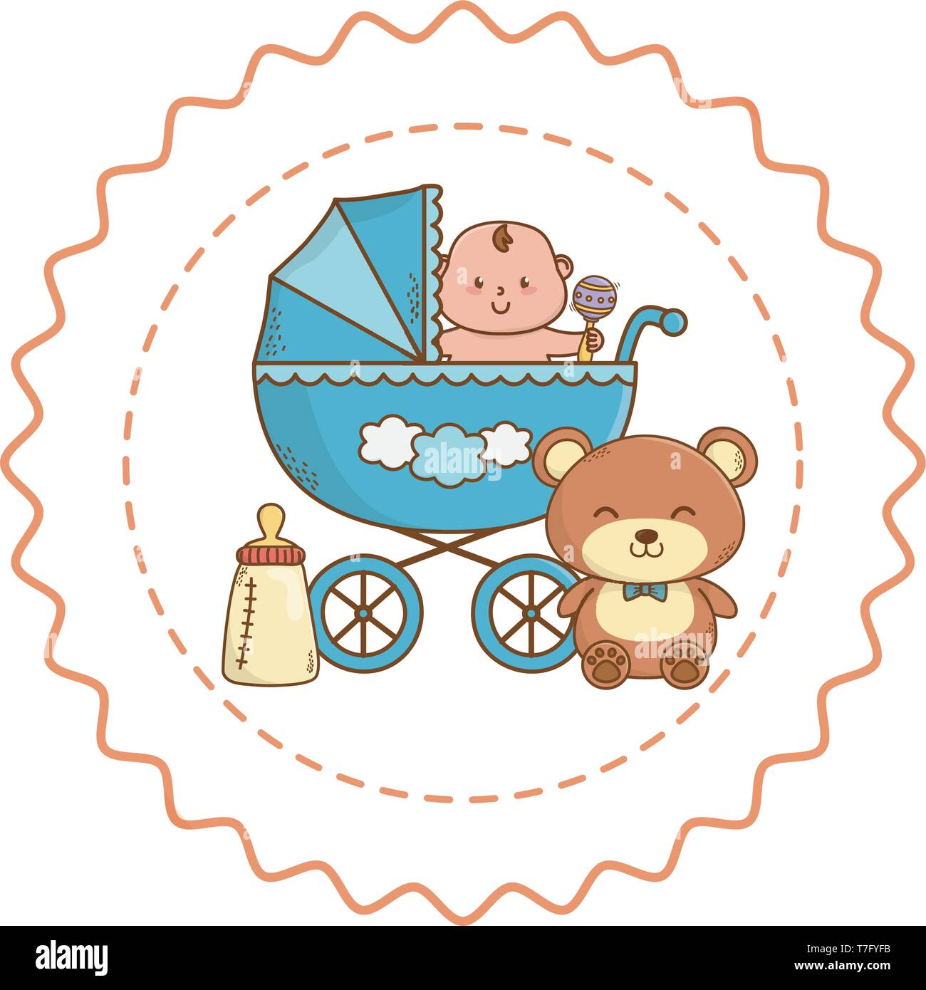 Baby shower pram with baby holding maraca, teddy and bottle cartoons in round label stamp vector illustration graphic design Stock Vector
