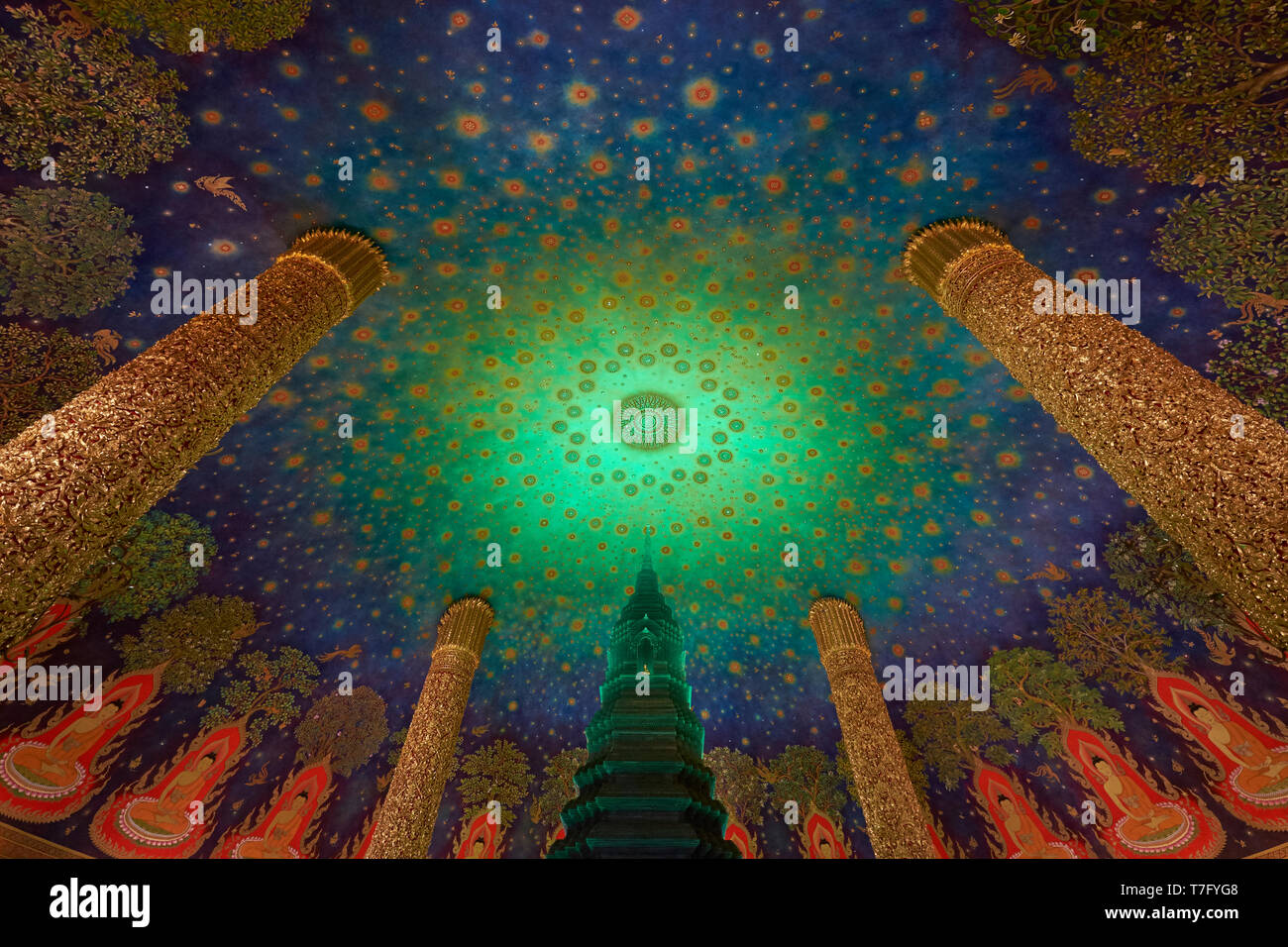 The amazing, surreal, celestial-like dome decoration inside the main stupa at Wat Paknam Phasi Charoen in Bangkok, Thailand. Stock Photo