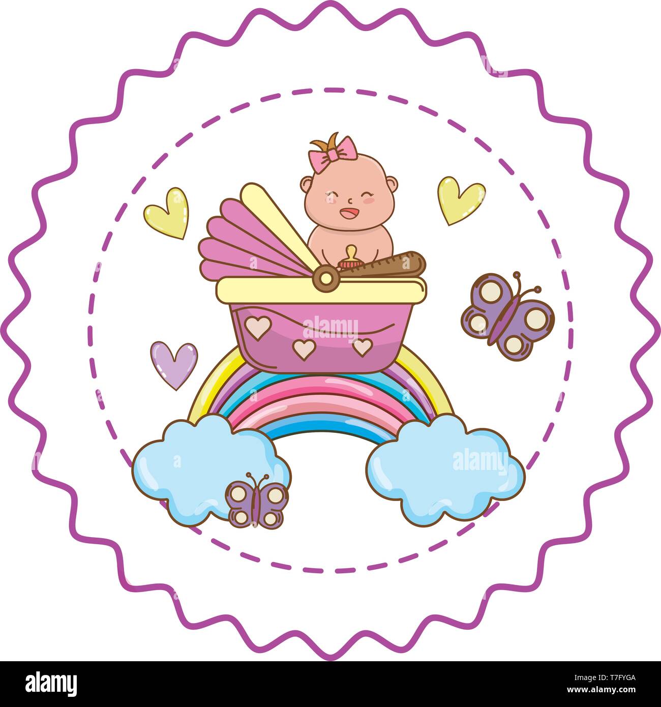 Baby Shower Girl Baby In Basket On Rainbow And Clouds With Butterflies And Hearts Cartoons In Round Label Stamp Vector Illustration Graphic Design Stock Vector Image Art Alamy