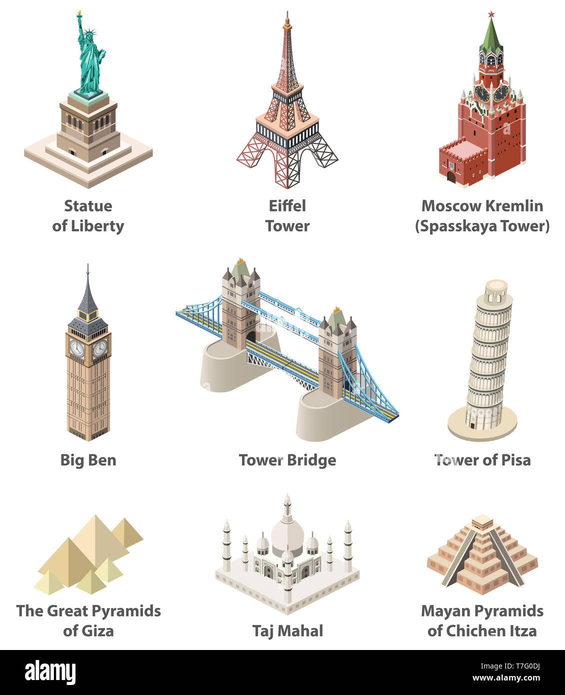 Famous world landmarks vector isometric high detailed isolated icons Stock Photo