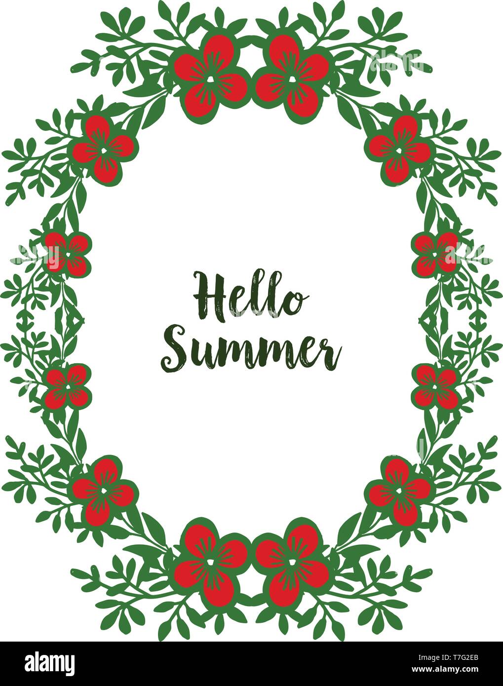 Vector illustration design hello summer with crowd of leaf wreath frame ...