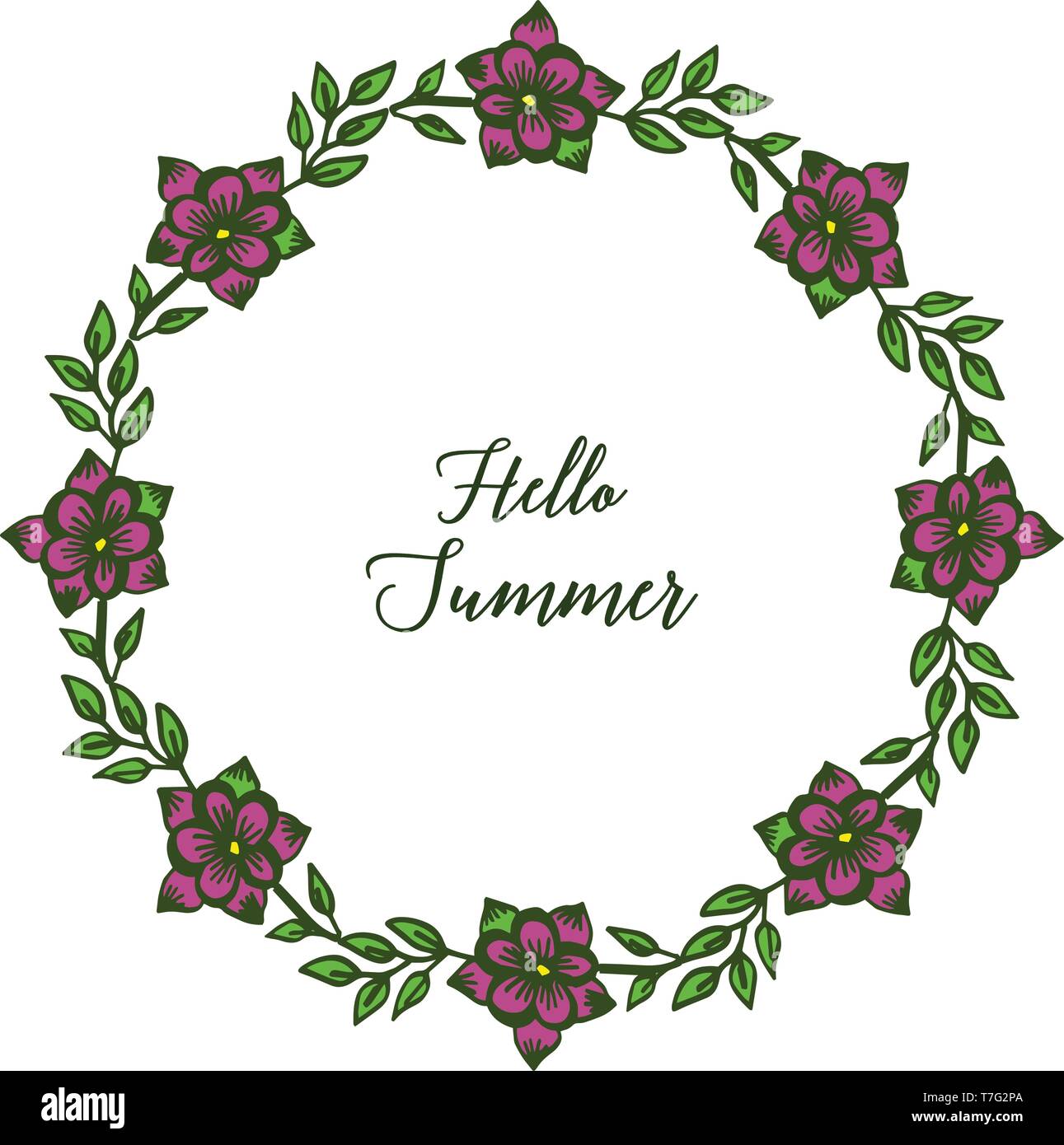 Vector illustration lettering hello summer with abstract purple wreath ...