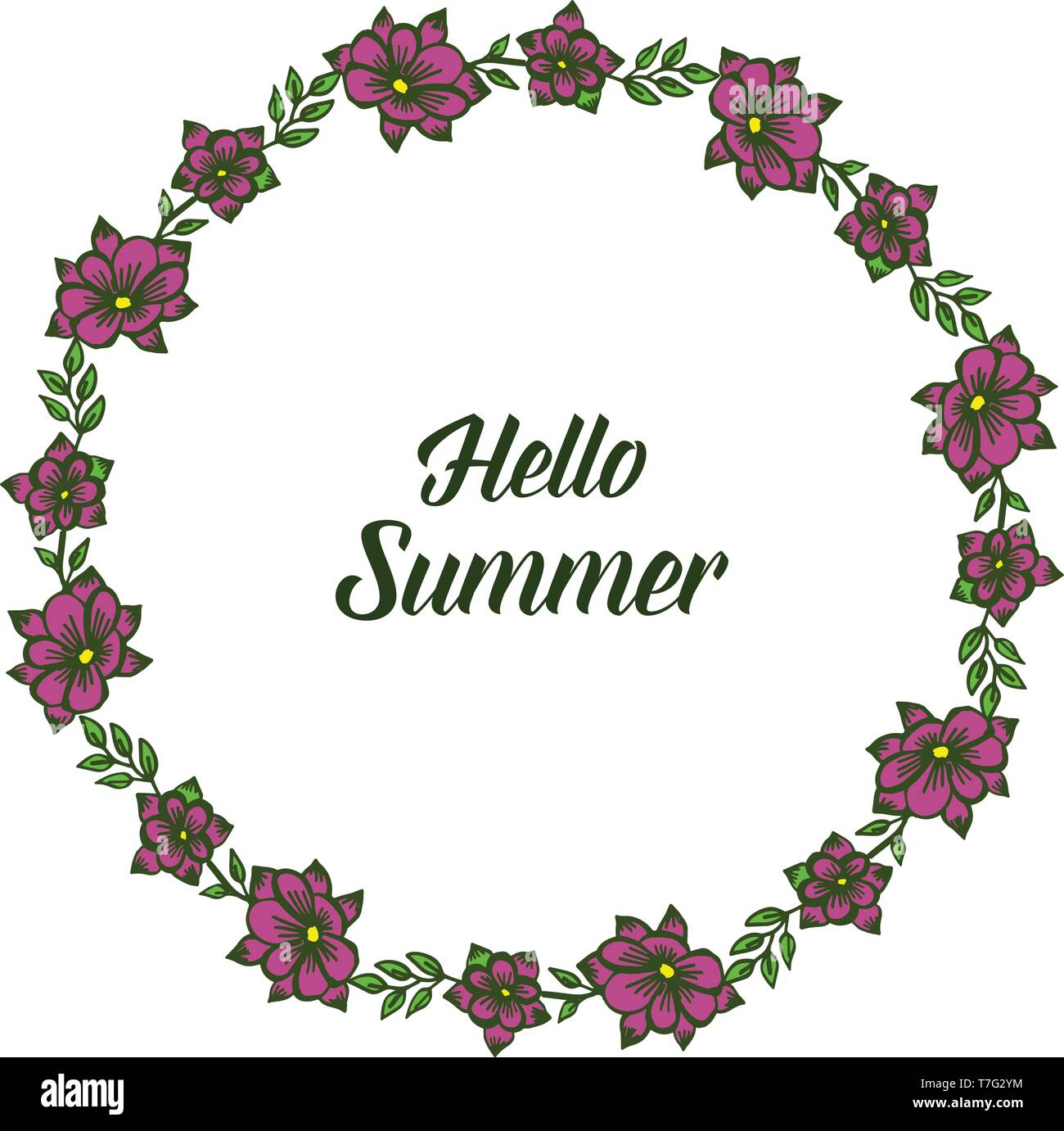 Vector illustration hello summer with round purple flower frame hand ...
