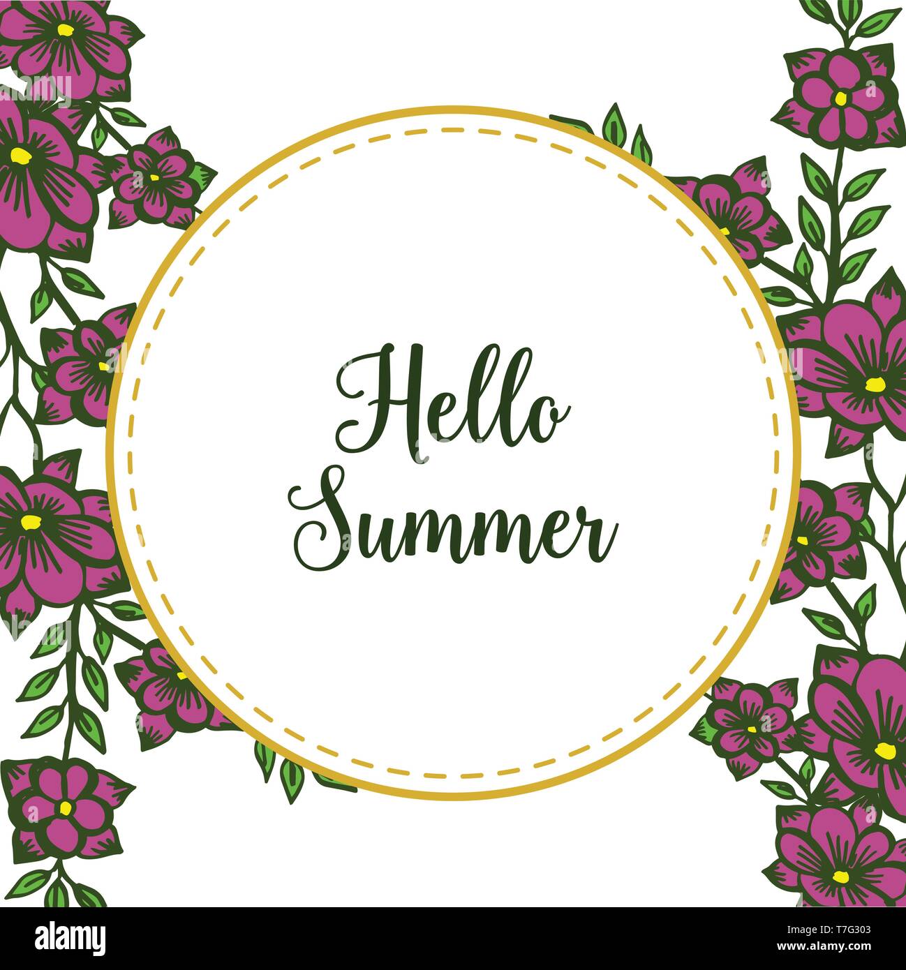 Vector illustration hello summer with round purple flower frame hand ...