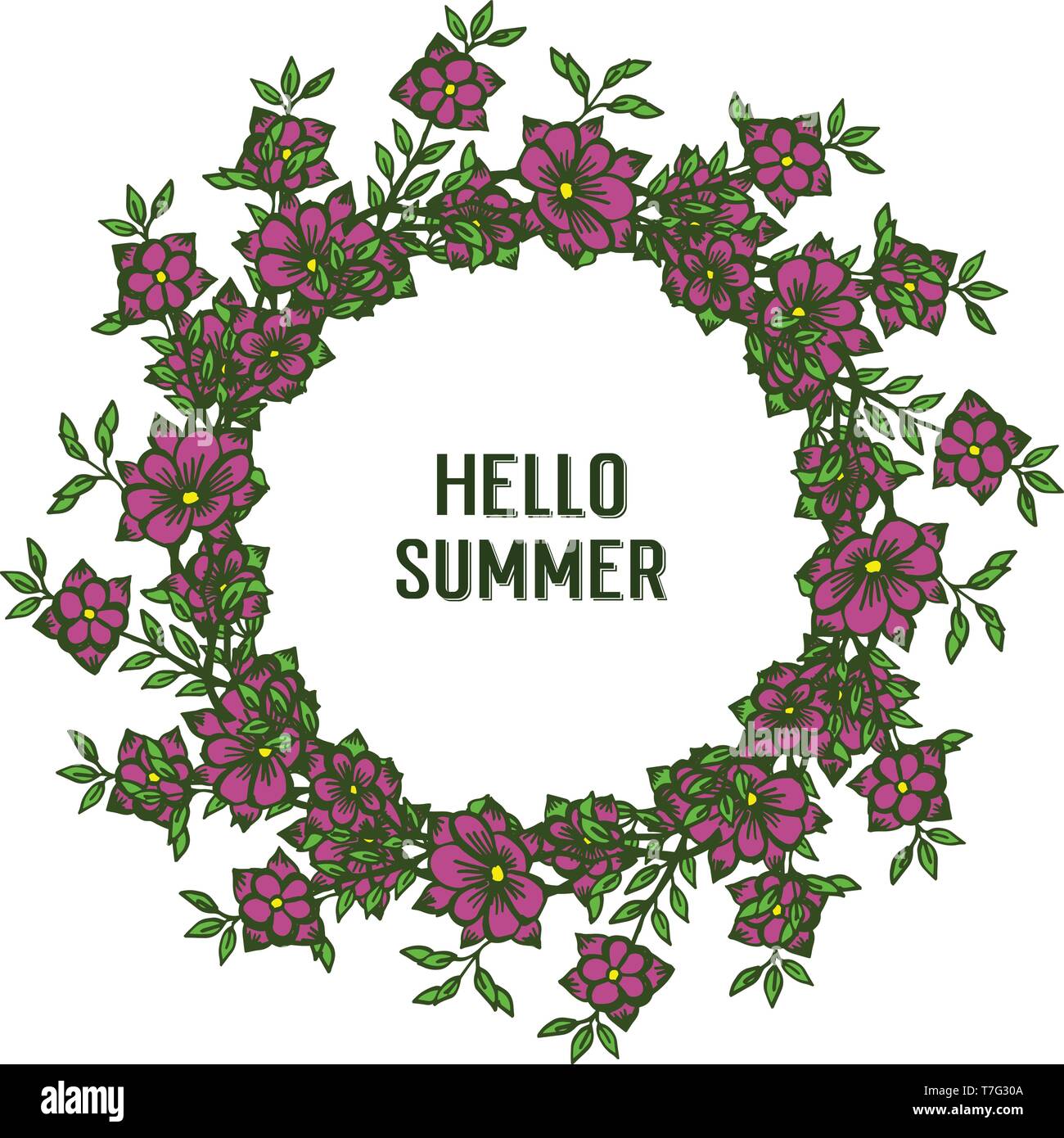 Vector illustration hello summer with round purple flower frame hand ...