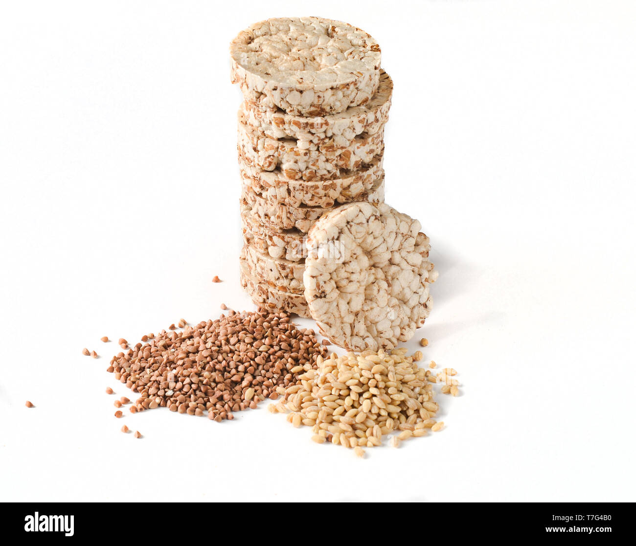 Crispy round dietary buckwheat rice fitness bread isolated on white