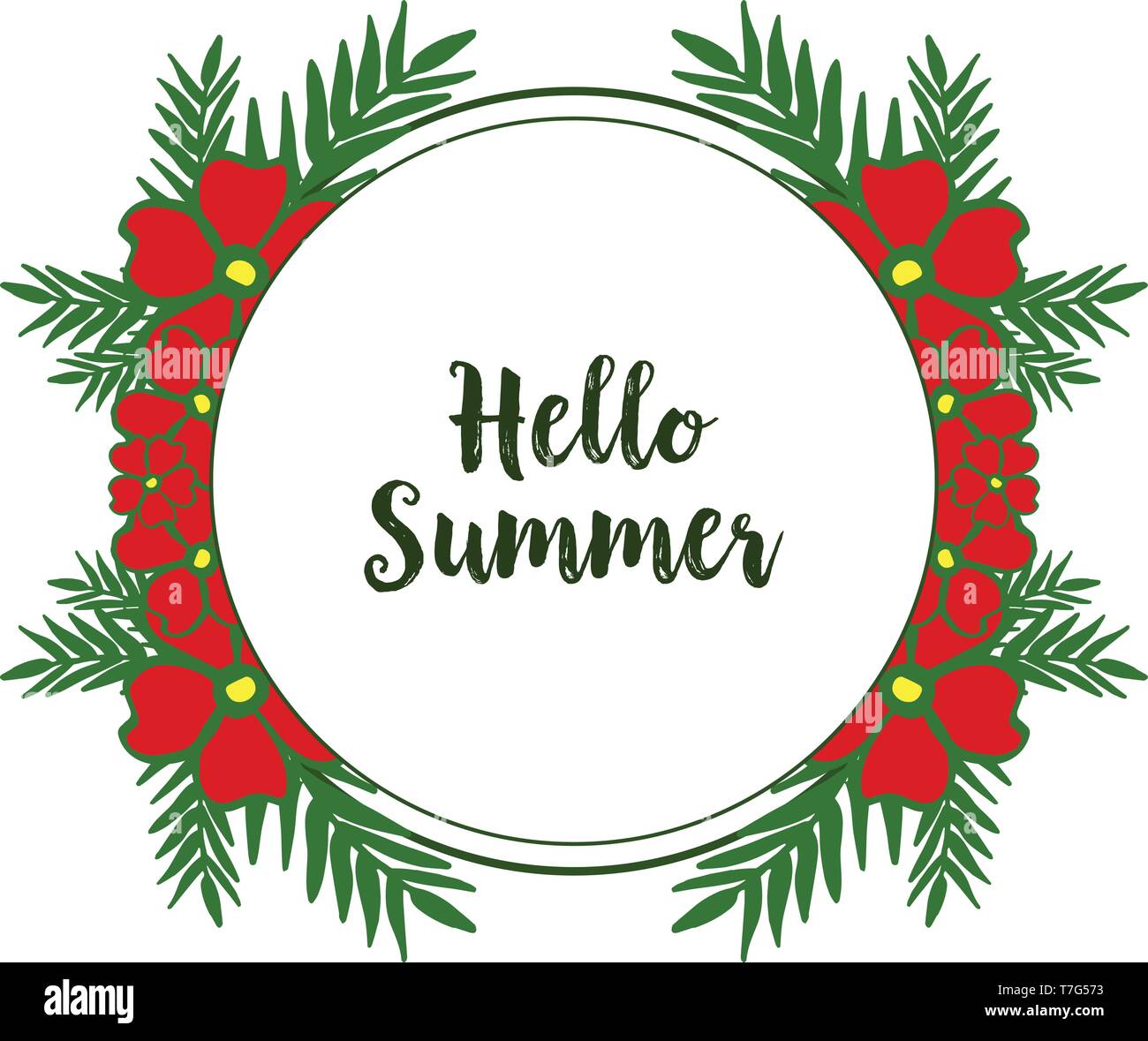 Vector illustration invitation card hello summer with frame wreath red ...