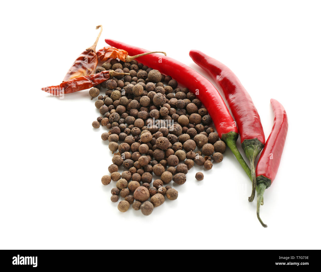 Allspice pepper with chili on white background Stock Photo Alamy
