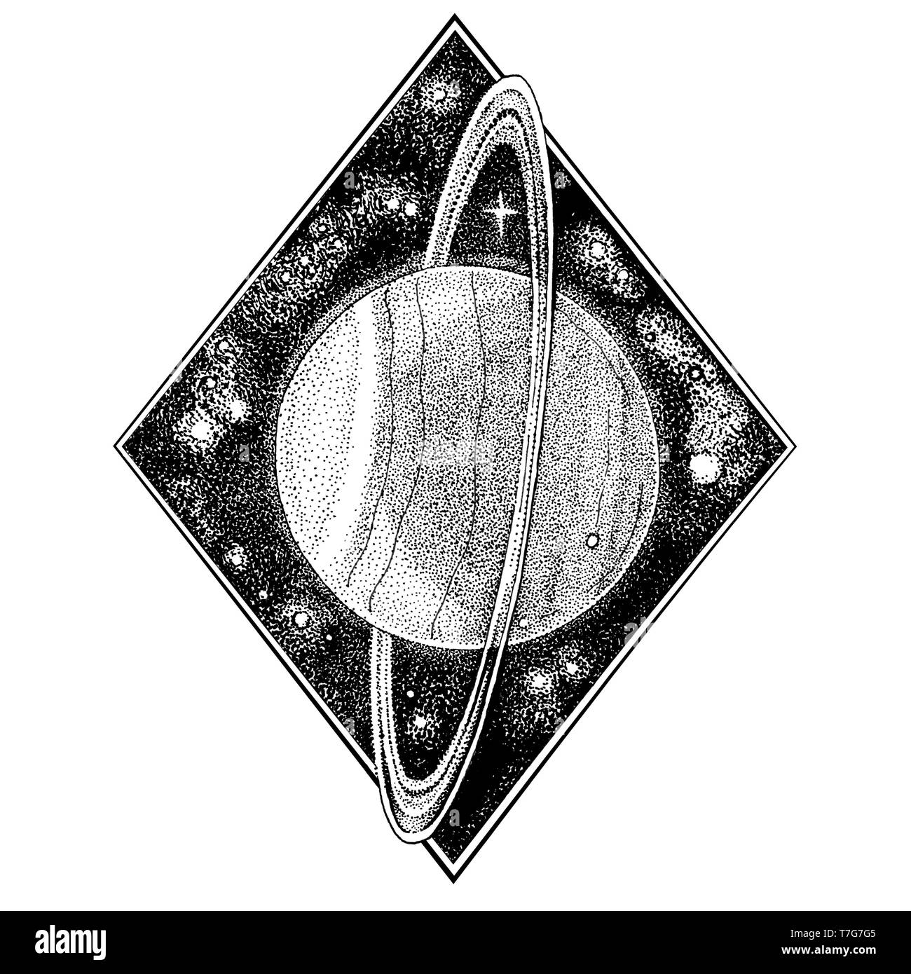 Uranus planet. Hand drawn illustration in dotwork style. Space concept, astrology symbol, astronomy t shirt print, cosmic logo design. Stock Photo