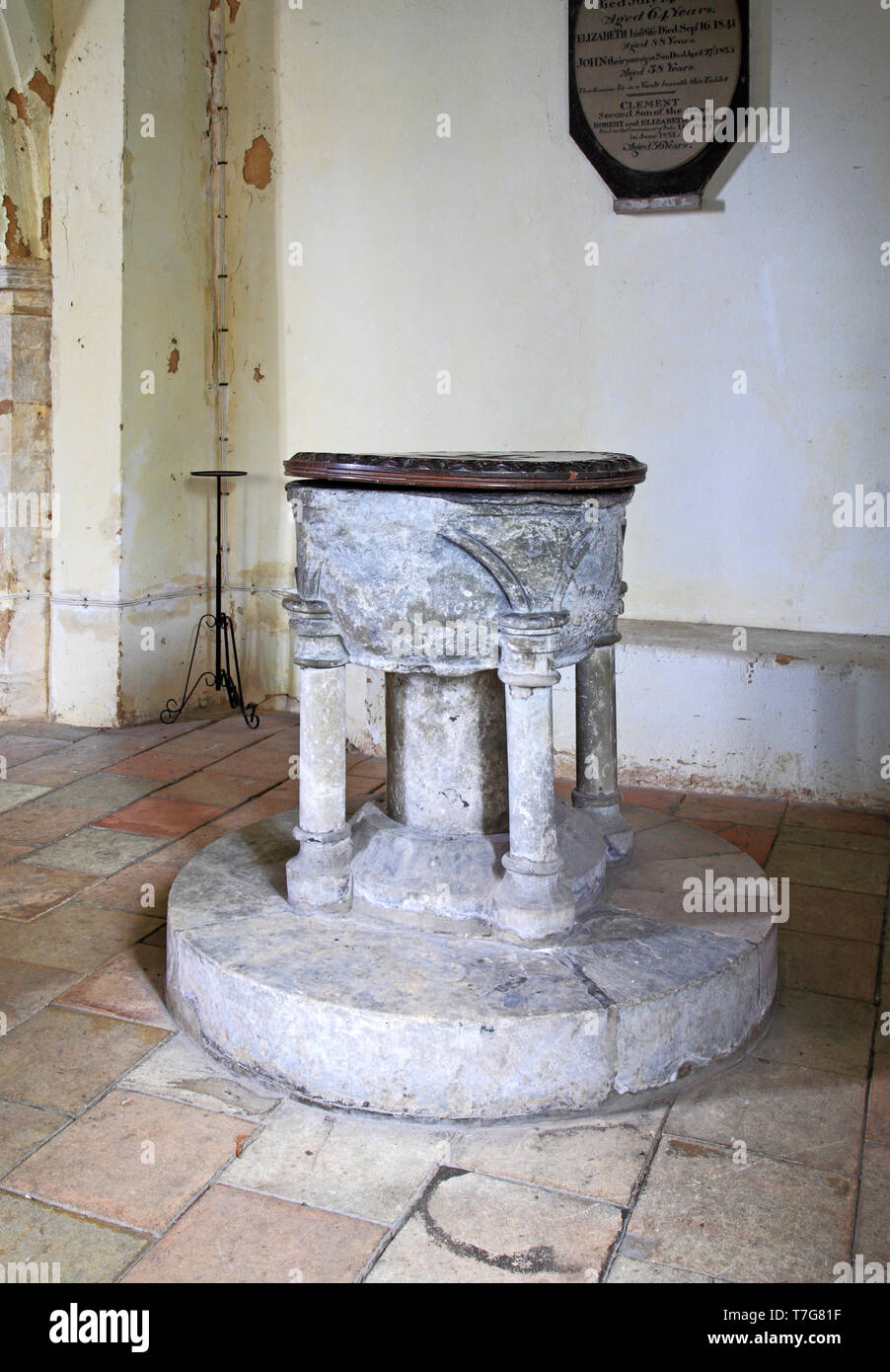 A view of the Norman tub font in the parish Church of St Peter at