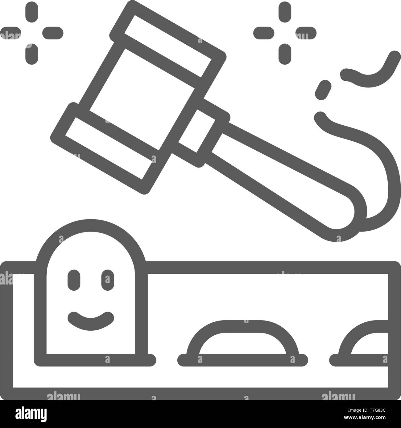 Whack mole game with hammer line icon. Stock Vector