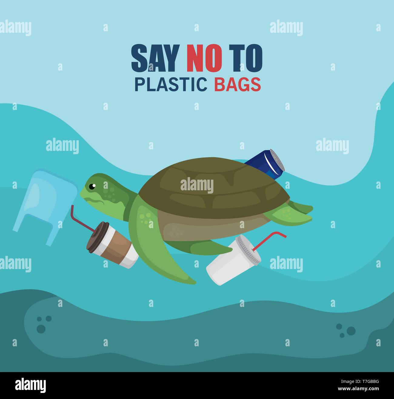 turtle animal in the sea with toxic plastics contamination Stock Vector