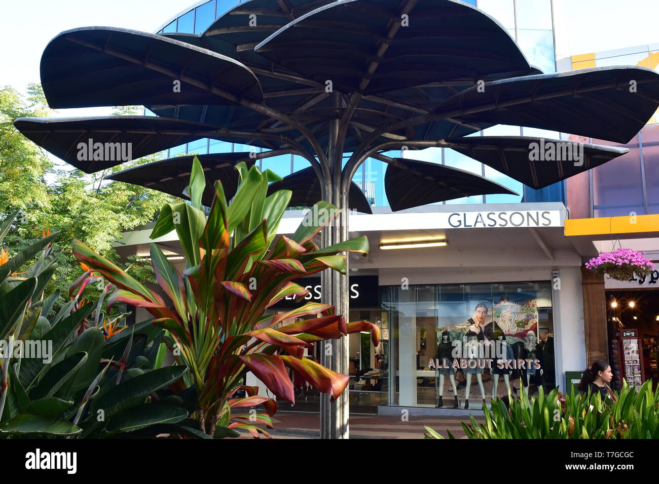 Sun shade in shape of flower in pedestrian zone of Whangarei in New Zealand. Stock Photo