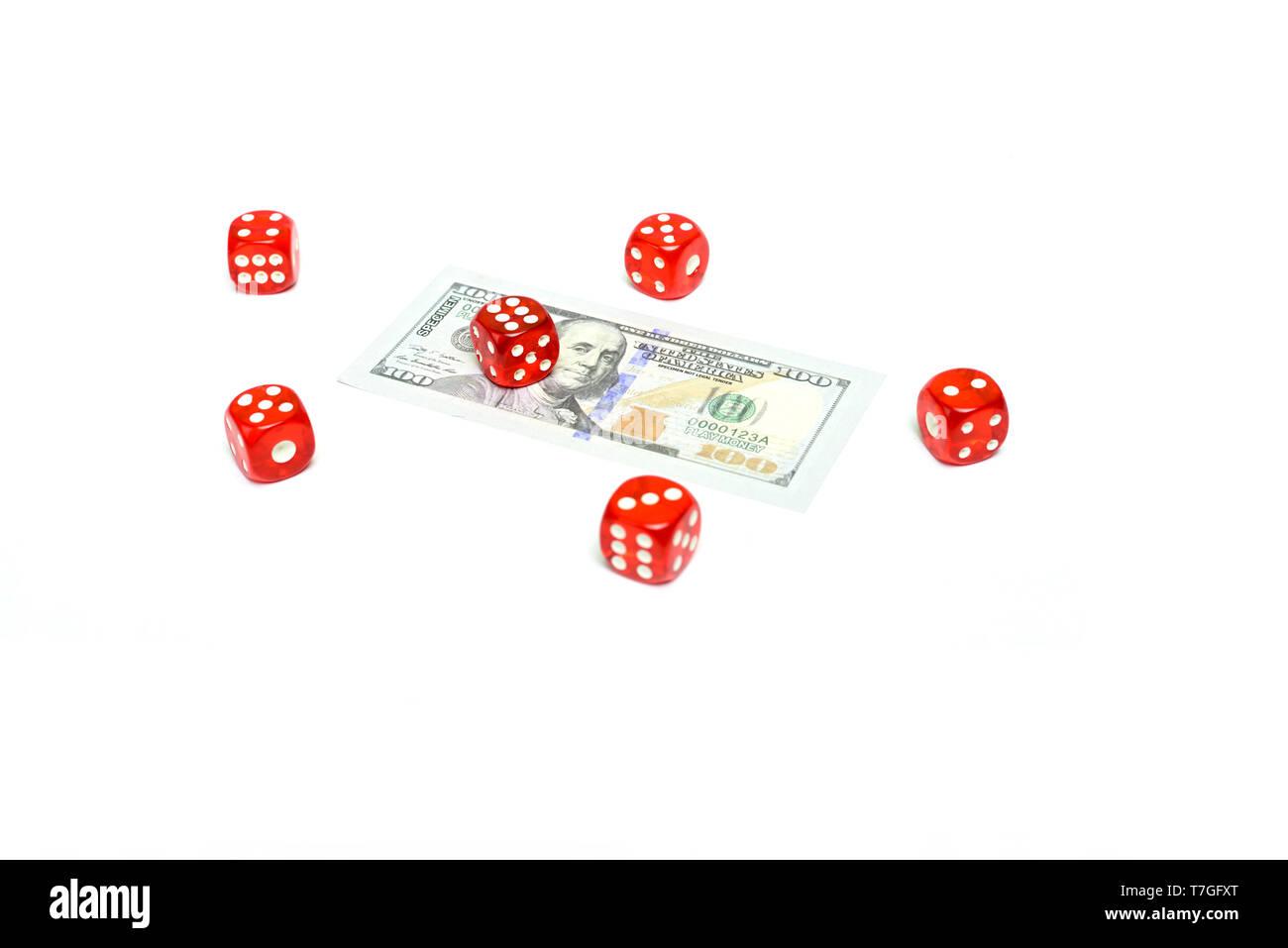 Dice and dollar bill isolated on white background Stock Photo Alamy