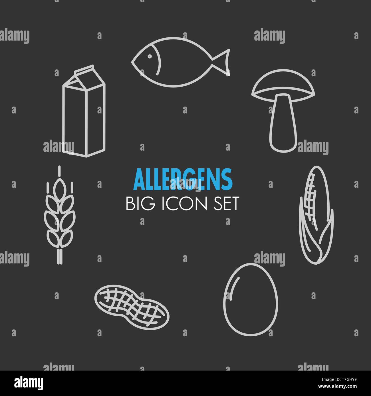 Vector icons set for allergens (milk, fish, egg, gluten, wheat, nut, lactose, corn, mushroom) on dark background Stock Vector