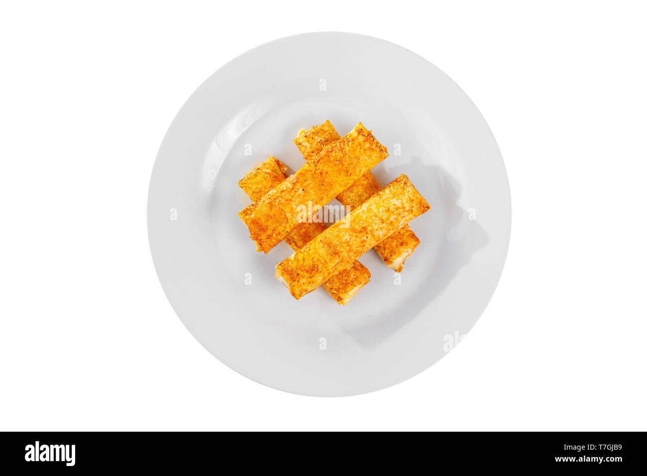 Hot appetizer cheese sticks goldenon plate, fried in oil before alcohol, white isolated background, view from above Stock Photo