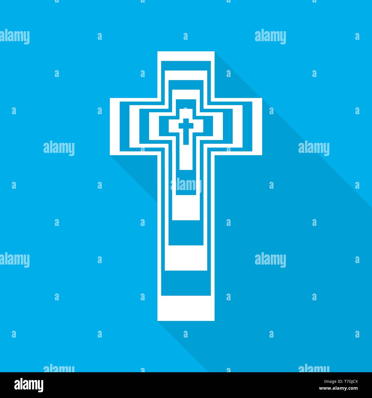 White christian cross icon on blue background. Abstract christian cross with long shadow. Vector illustration. Stock Vector