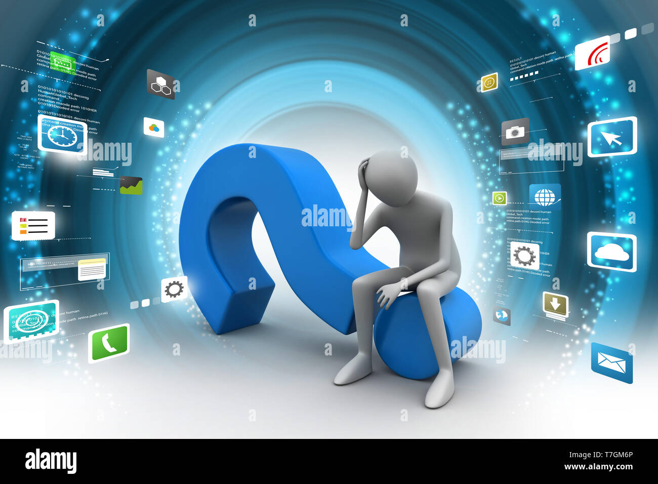 3d man sitting on the question mark Stock Photo - Alamy