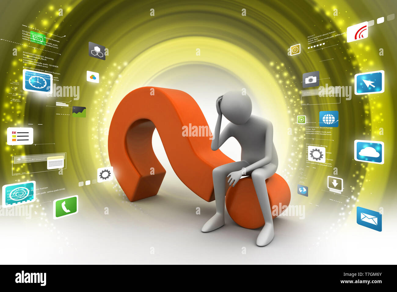 3d man sitting on the question mark Stock Photo - Alamy