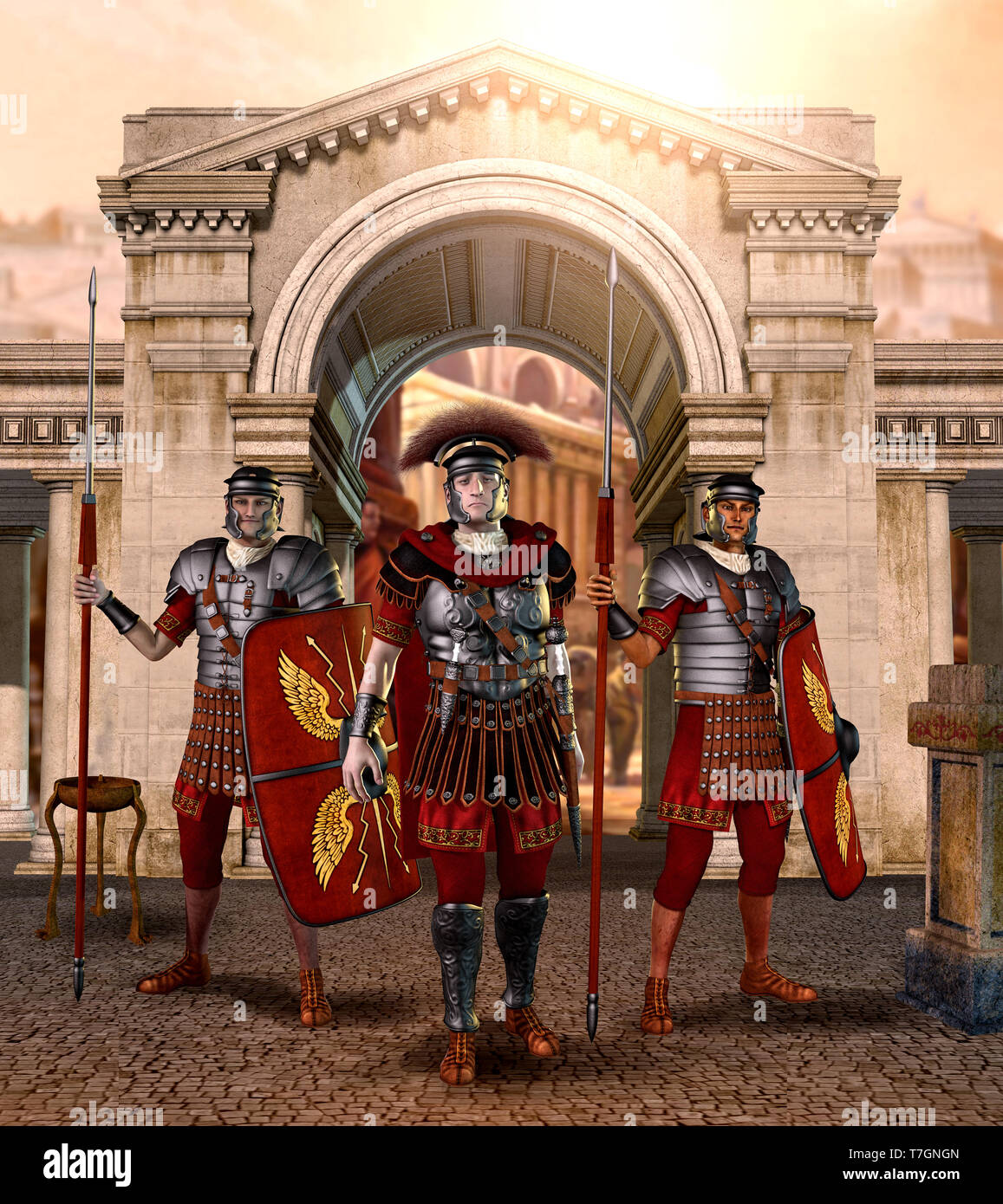 Entrance gate to the ancient eternal city of Rome guarded by soldiers ...