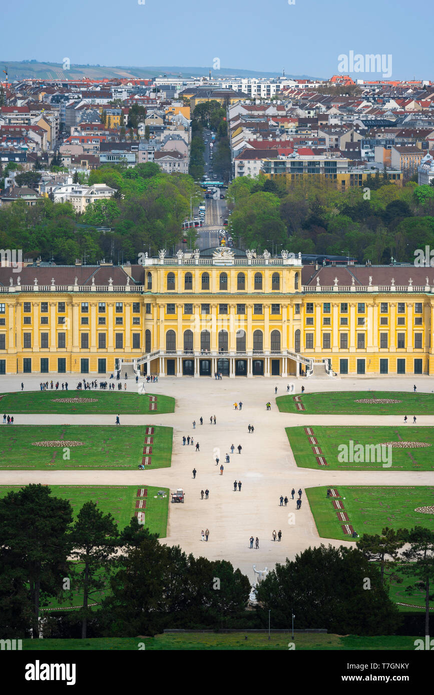 Schonbrunn Austria, view of the parterre garden and baroque exterior of the south side of the Schloss Schönbrunn palace in Vienna, Austria. Stock Photo