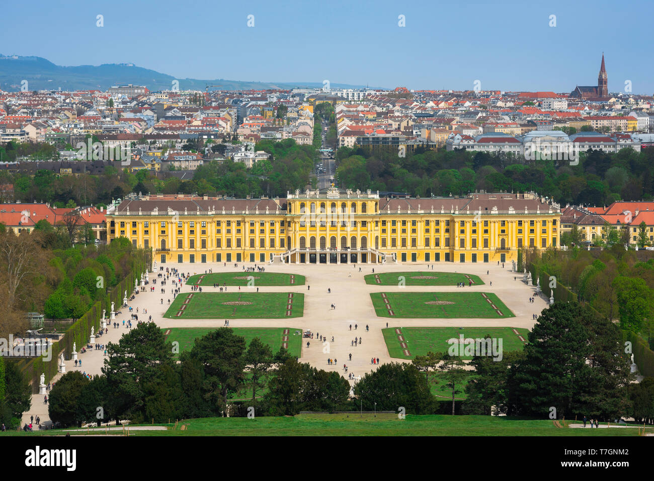 Schonbrunn Vienna, view of the parterre garden and baroque exterior of the south side of the Schloss Schönbrunn palace in Vienna, Austria. Stock Photo