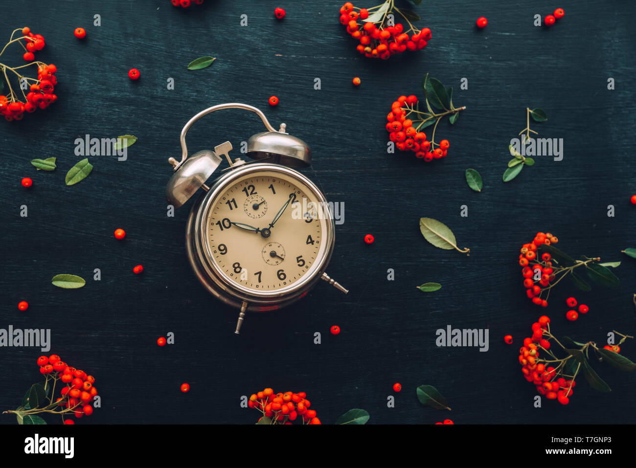 Ten after ten on alarm clock, flat lay top view minimal composition of timepiece placed on dark wooden background with retro floral arrangement Stock Photo