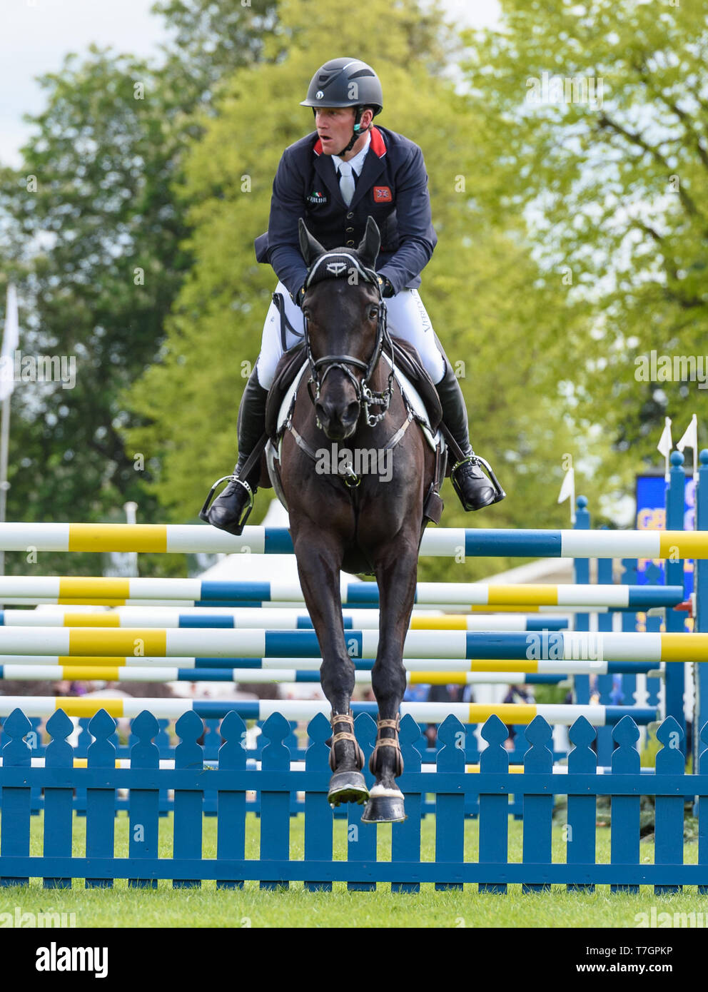 Oliver Townend and CILLNABRADDEN EVO during the showjumping phase, Mitsubishi Motors Badminton Horse Trials, Gloucestershire, 2019 Stock Photo