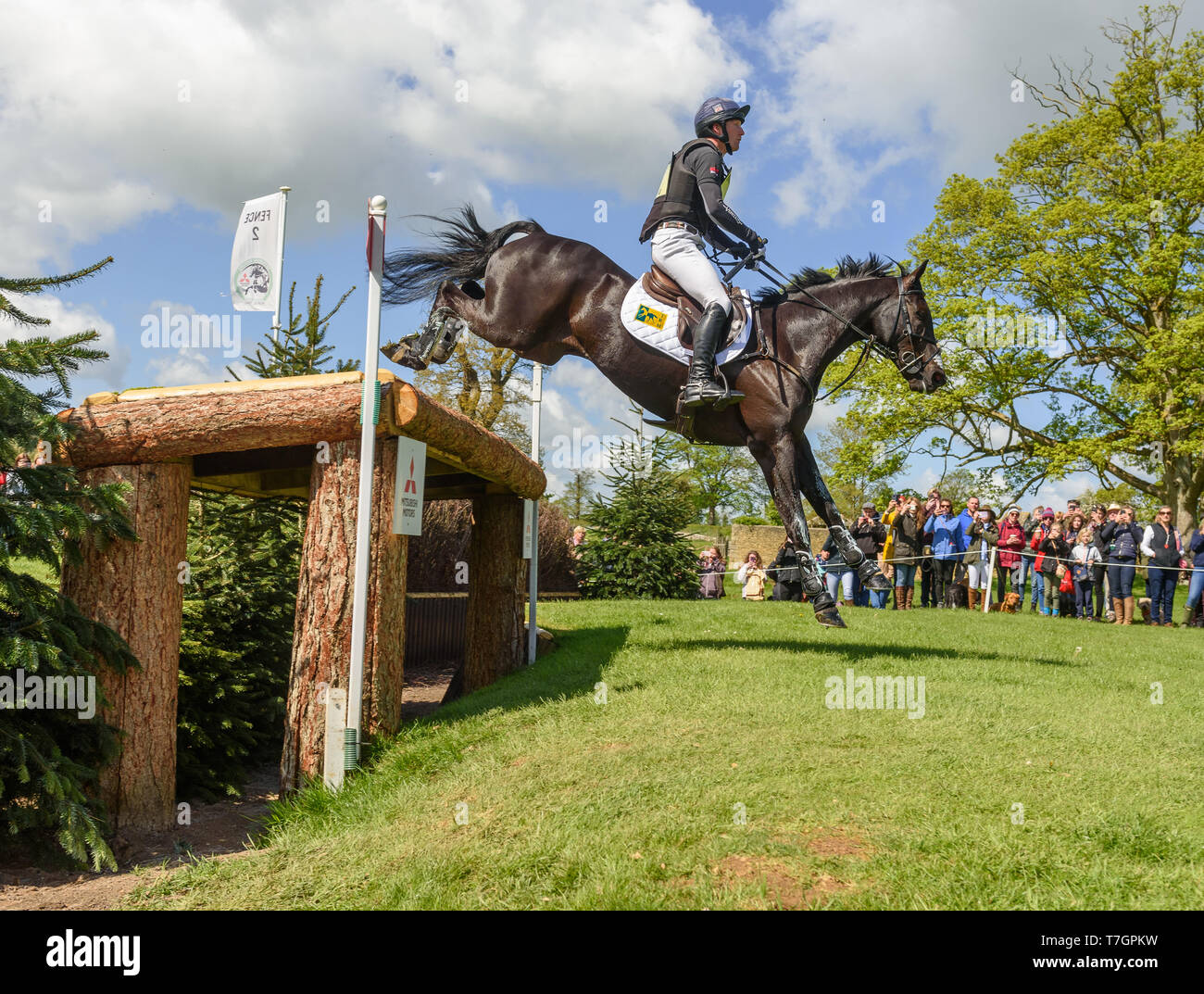 Oliver Townend and CILLNABRADDEN EVO during the cross country phase of the Mitsubishi Motors Badminton Horse Trials, May 2019 Stock Photo