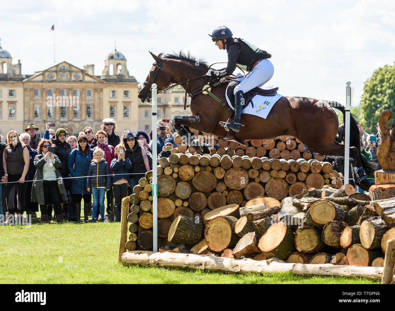 Piggy French and VANIR KAMIRA during the cross country phase of the Mitsubishi Motors Badminton Horse Trials, May 2019 Stock Photo