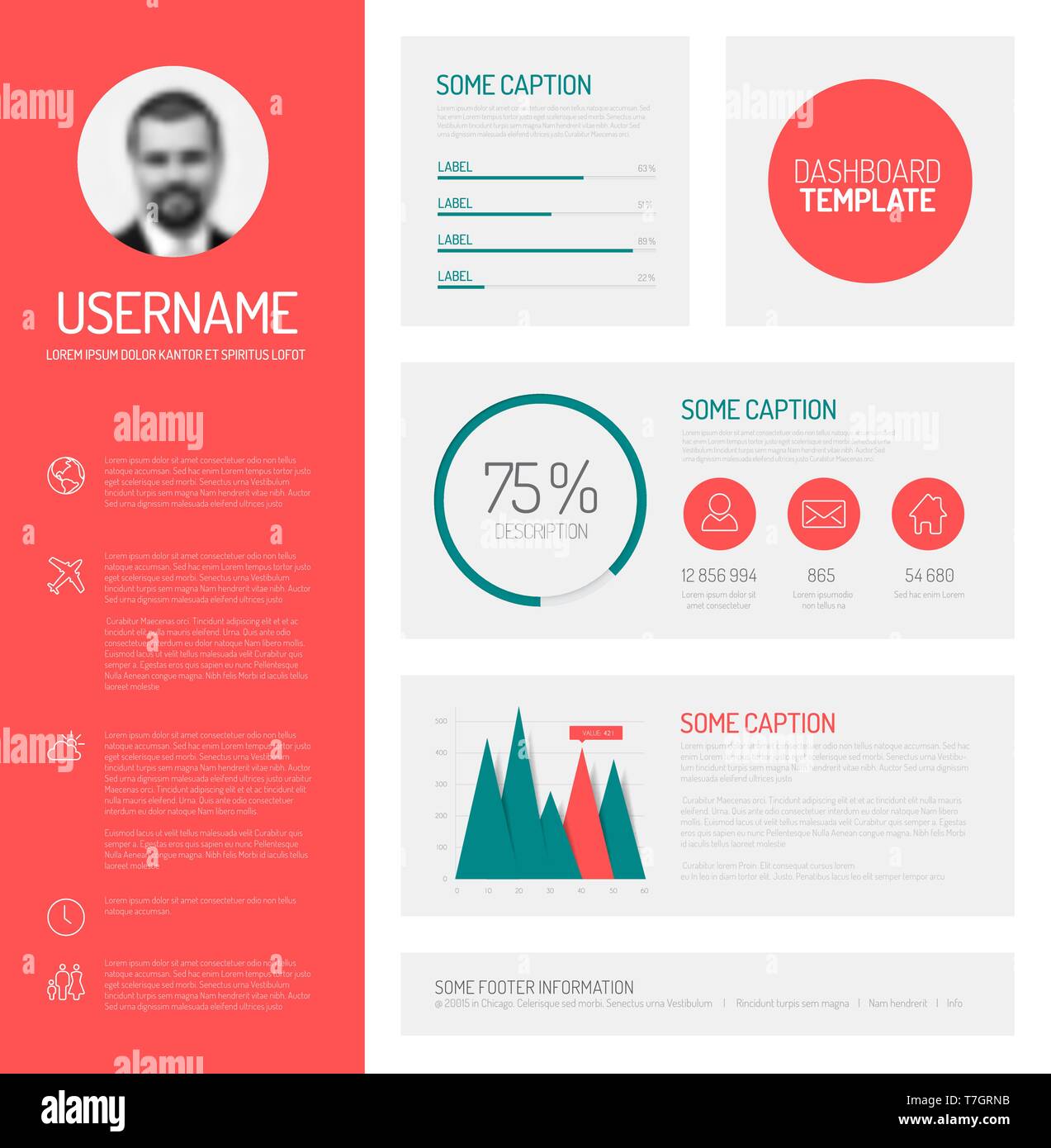 Simple profile dashboard template with flat design graphs and charts ...