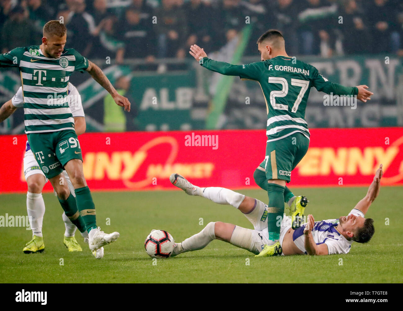 BUDAPEST, HUNGARY - MARCH 2: (r-l) David Markvart of DVTK controls the ball  next to Roland Varga of Ferencvarosi TC during the Hungarian OTP Bank Liga  match between Ferencvarosi TC and DVTK