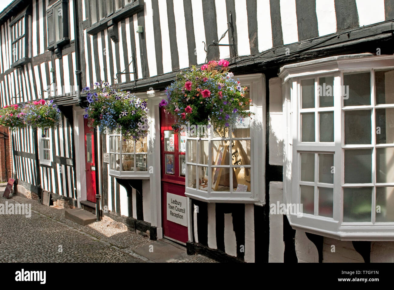 Church Lane in Ledbury Herefordshire, with black and white timbered buildings Stock Photo