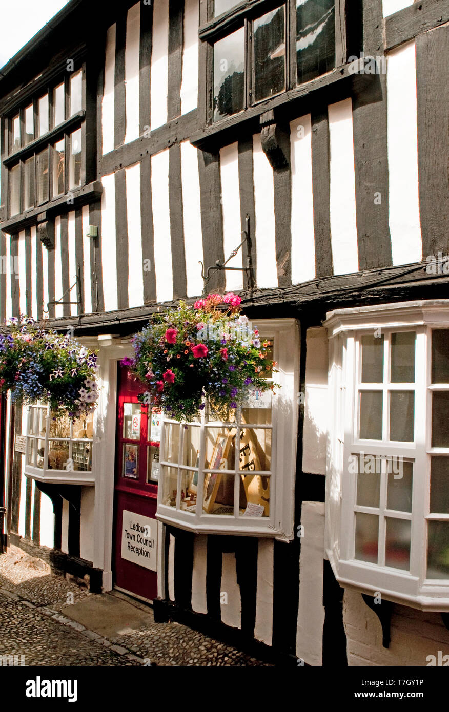 Church Lane in Ledbury Herefordshire, with black and white timbered buildings Stock Photo