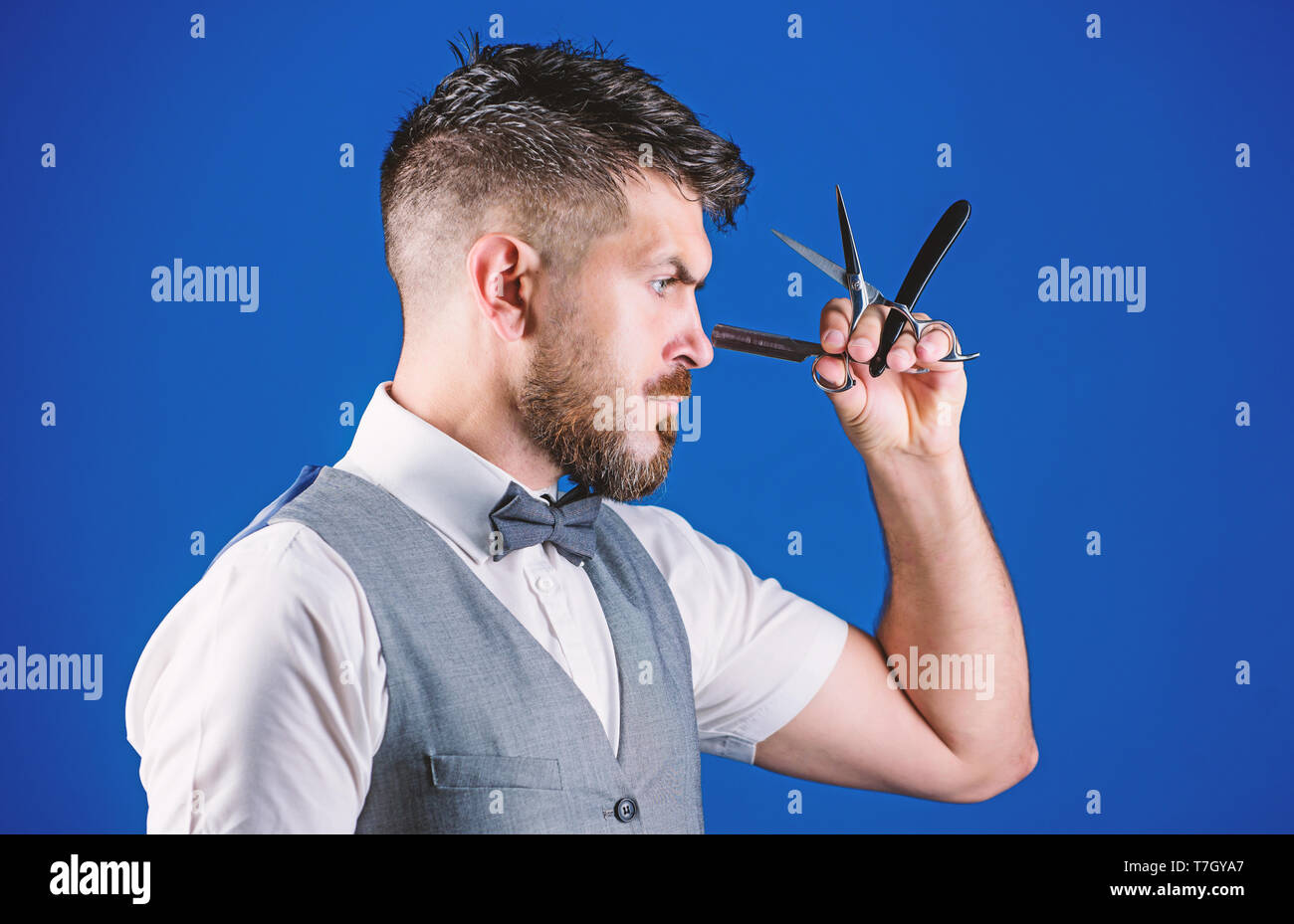 Haircuts And Shaves Bearded Man With Razor And Scissors In