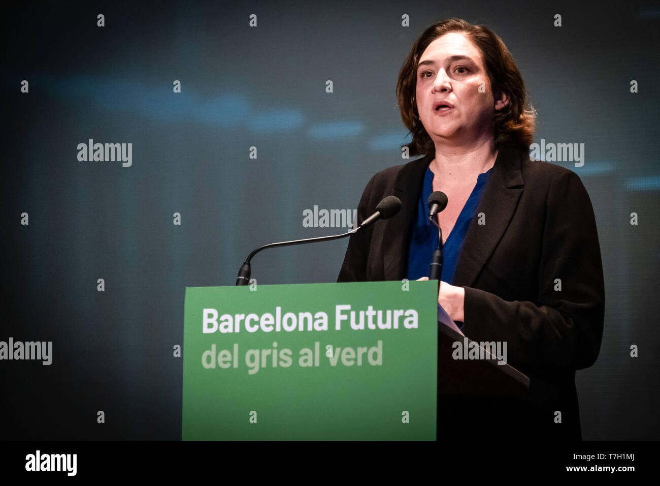 Mayor of Barcelona Ada Colau seen speaking during her conference entitled Barcelona Futura, from gray to green. Ada Colau, has presented the future urbanism of Barcelona. Under the title, Barcelona Futura, from gray to green, Ada Colau has emphasized the need for a 'green urbanism' that transforms the city into a more livable space. Two days before the start of the municipal elections campaign, Ada Colau has promised that if she continues to be mayor, her municipal group will deploy on the urban grid new green axes consisting of green areas that are prohibited to the circulation of vehicles. Stock Photo