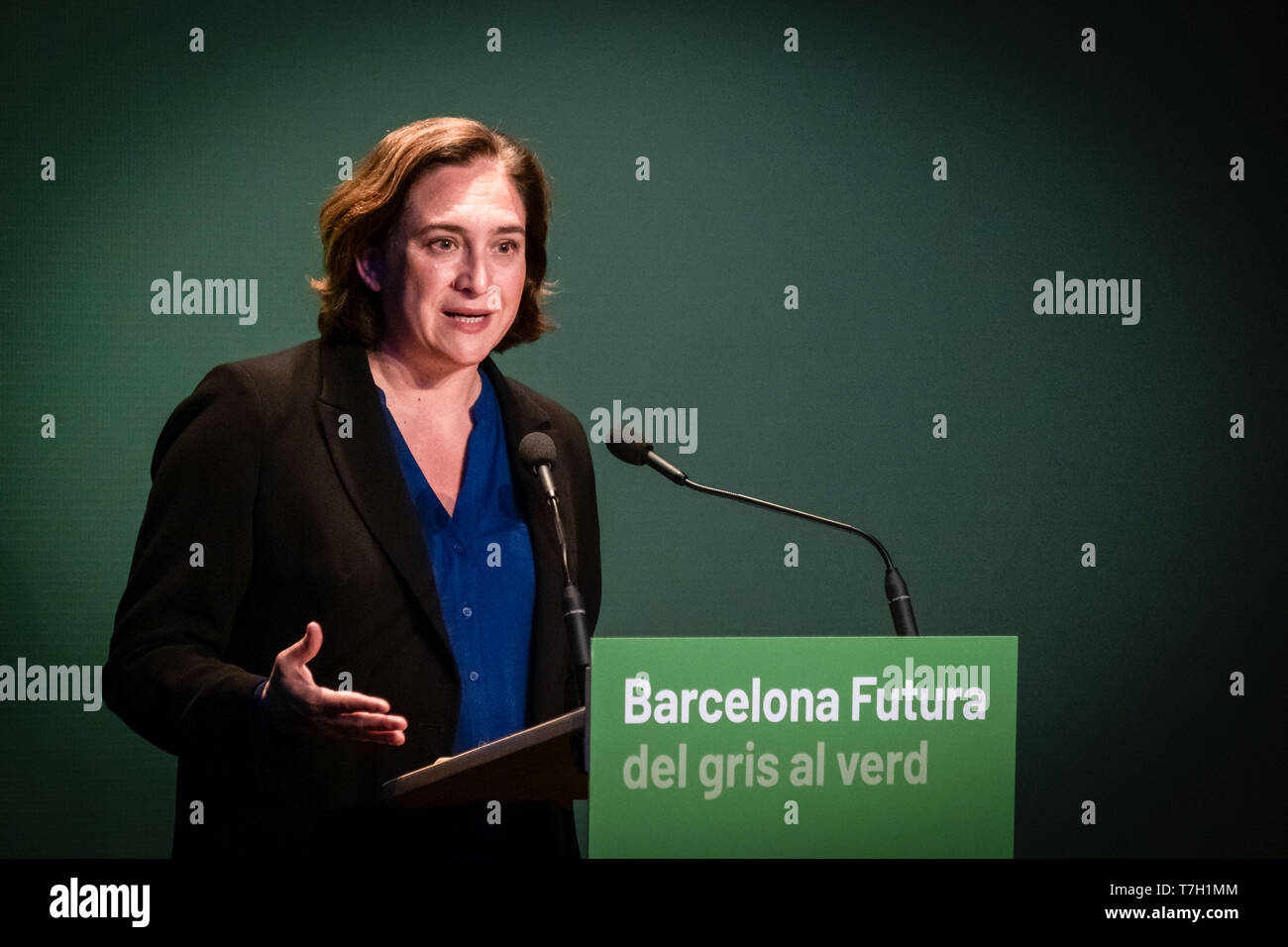 Mayor of Barcelona Ada Colau seen speaking during her conference entitled Barcelona Futura, from gray to green. Ada Colau, has presented the future urbanism of Barcelona. Under the title, Barcelona Futura, from gray to green, Ada Colau has emphasized the need for a 'green urbanism' that transforms the city into a more livable space. Two days before the start of the municipal elections campaign, Ada Colau has promised that if she continues to be mayor, her municipal group will deploy on the urban grid new green axes consisting of green areas that are prohibited to the circulation of vehicles. Stock Photo