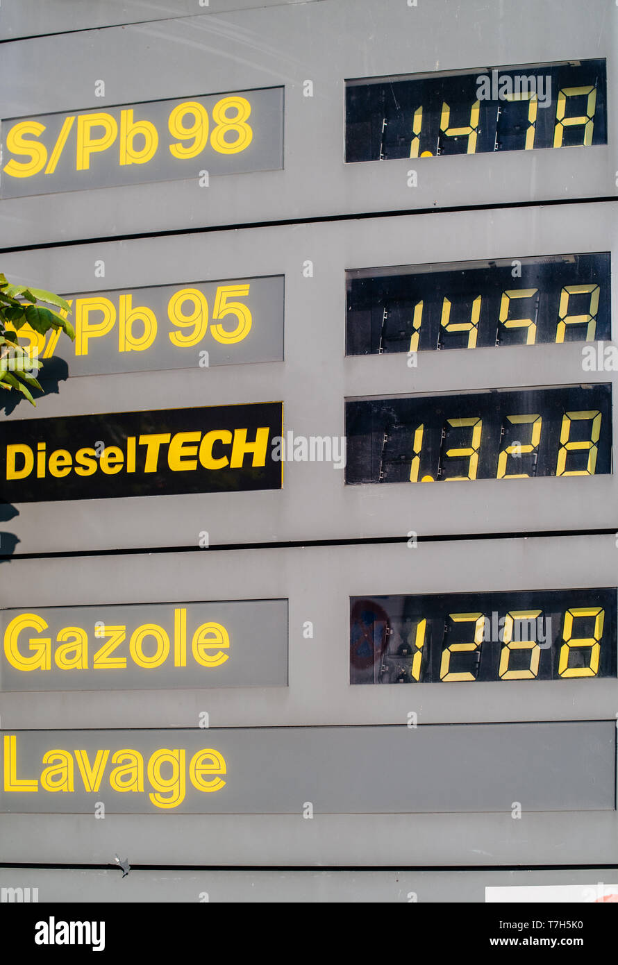 Strasbourg, France Apr 3, 2017 Big panel with gas prices for 98, 95