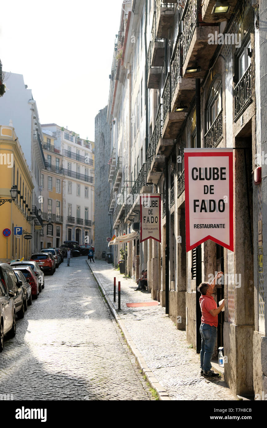 Exterior view of Clube de Fado restaurant in a street in Alfama Lisbon Portugal Europe EU  KATHY DEWITT Stock Photo