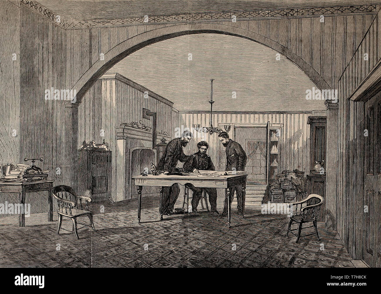Interior of Chief Detective Colonel Baker's Office, opposite Willard's Hotel, Washington, DC - Colonel Baker laying down the plan of Booth's capture to his Chief subordinates Stock Photo