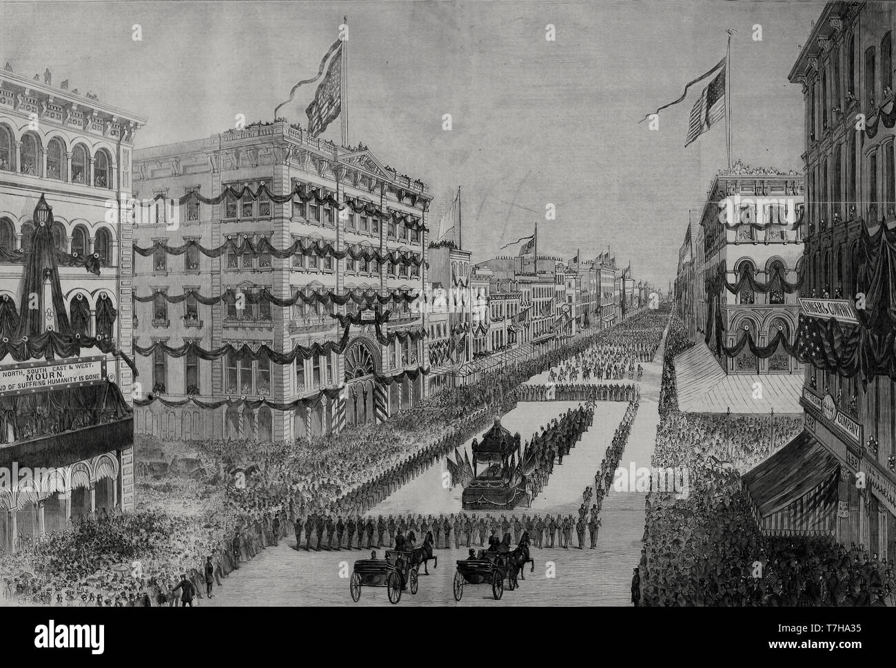 Funeral honors for President Abraham Lincoln - The Catafalque passing up Broadway, New York, April 25, 1865, in the presence of nearly a millon specatators Stock Photo