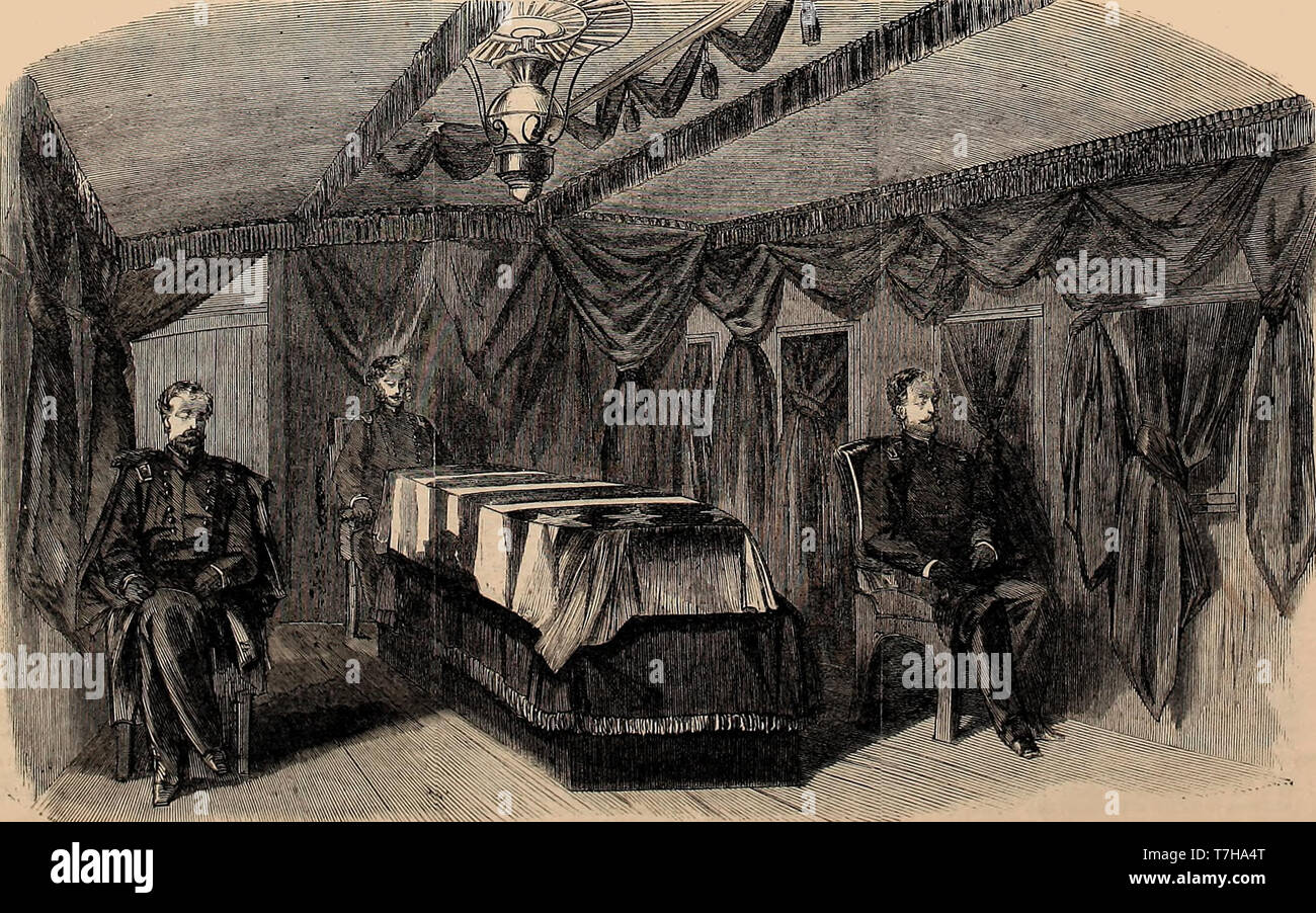 Interior of President Abraham Lincoln's Funeral Car, with the coffin and the guard of honor Stock Photo