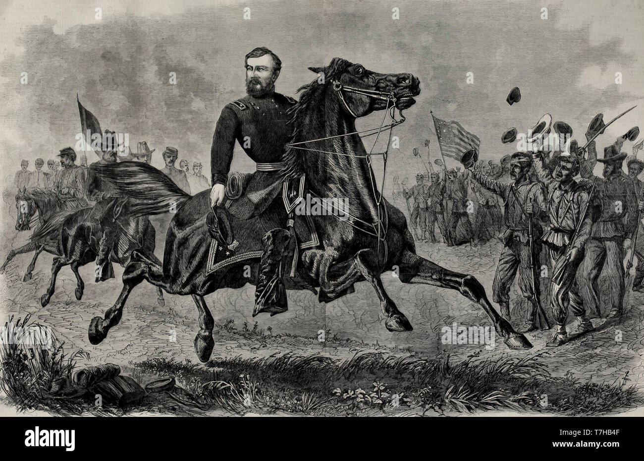 Major General Sheridan riding along the lines after the Battle of Fisher's Hill, Virginia, 1864. American Civil War Stock Photo