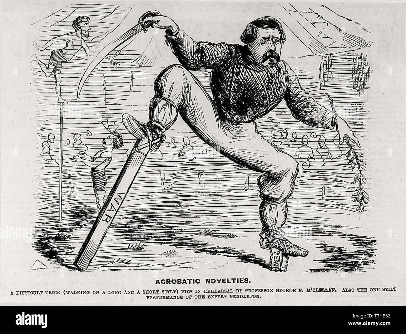 Acrobatic Novelties - A difficult trick (Walking on a long and short stilt) now in rehearsal by Professor George B McClellan. Also the one stilt performance of the expert Pendleton.  Political Cartoon for the 1864 USA Election Stock Photo