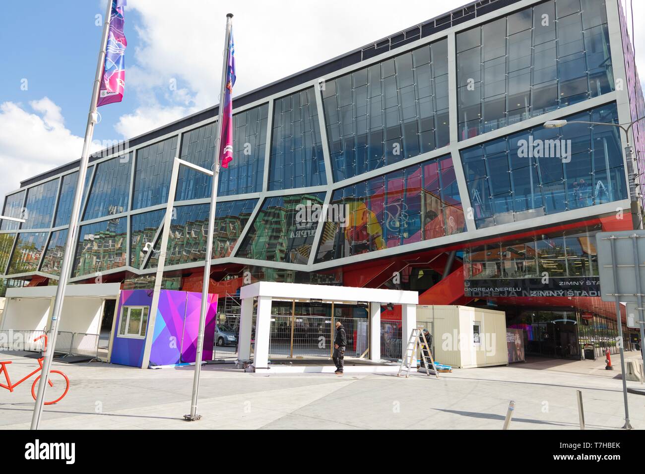 Bratislava, Slovakia - May 7th 2019 : Preparing enter gates of Hockey Stadium - Ondrej Nepela Arena - 3 days before IIHF Ice Hockey World Championship Stock Photo