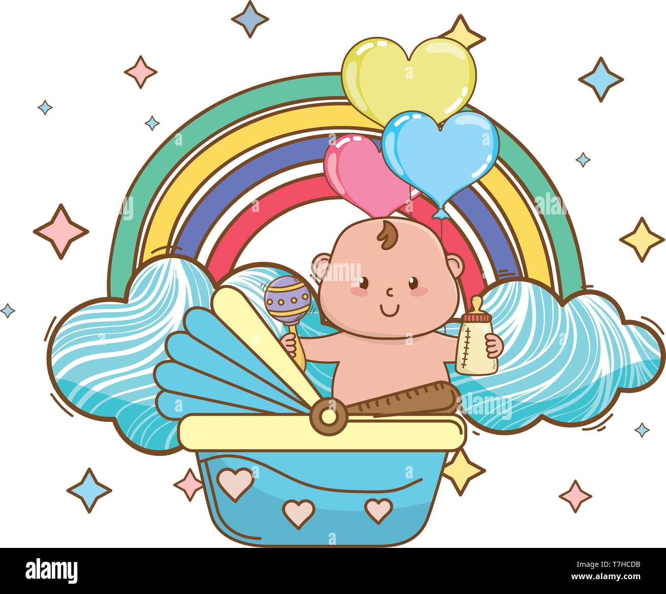 Baby Shower Baby Holding Maraca And Bottle In Basket On Rainbow