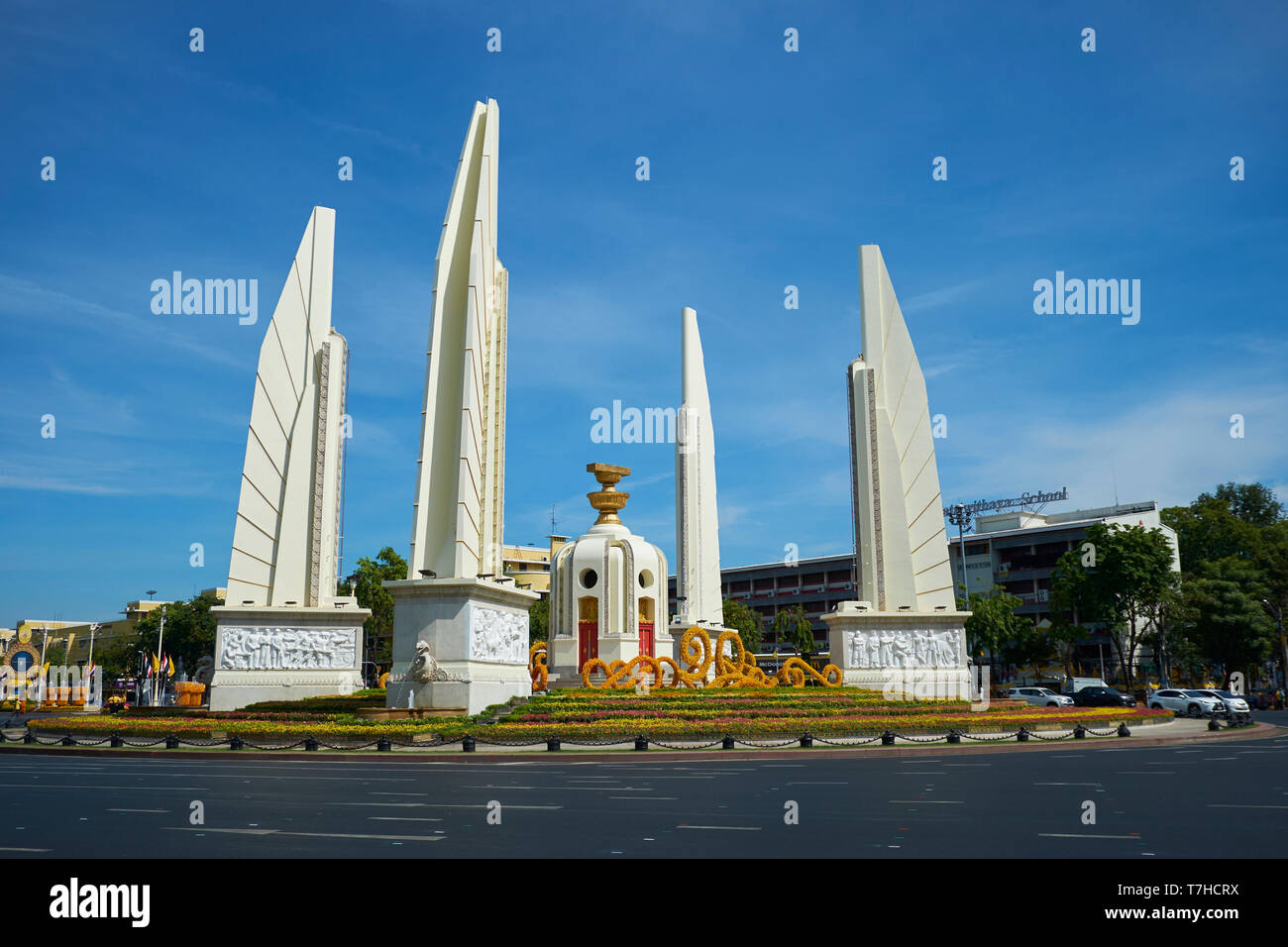 The Democracy Monument, all decorated for the Coronation of King Rama X in May, 2019. In Bangkok, Thailand. Stock Photo