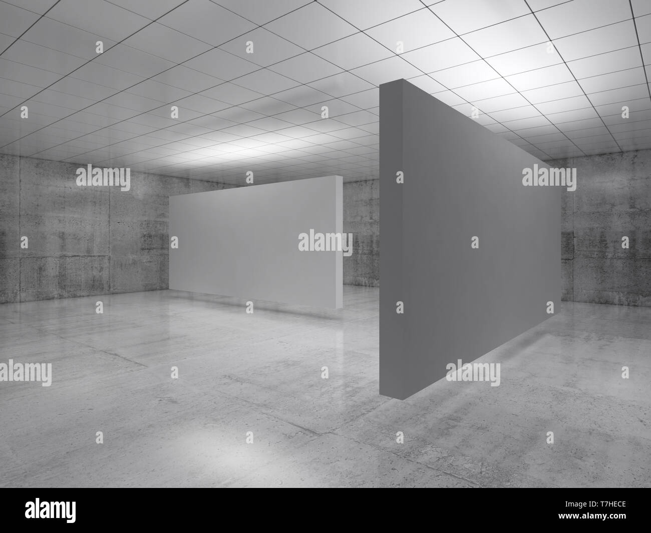 Abstract empty minimalist interior design, white stands installation levitating in exhibition gallery. Contemporary architecture. 3d illustration Stock Photo