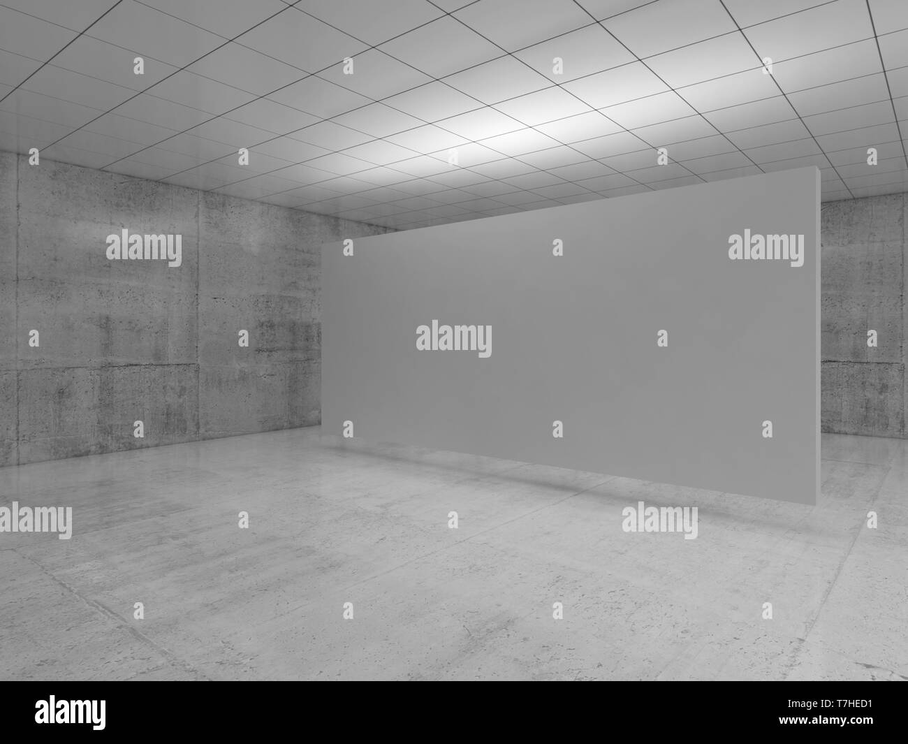 Abstract empty minimalist interior design, white stand installation levitating in exhibition gallery with walls made of polished concrete and shiny ce Stock Photo