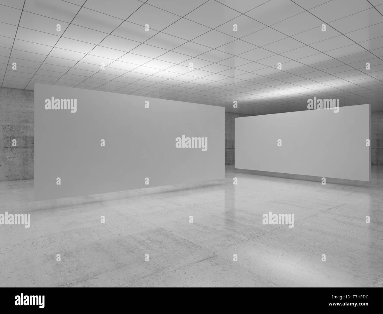 Abstract empty minimalist interior design, white stands installation levitating in exhibition gallery with walls made of polished concrete and shiny c Stock Photo